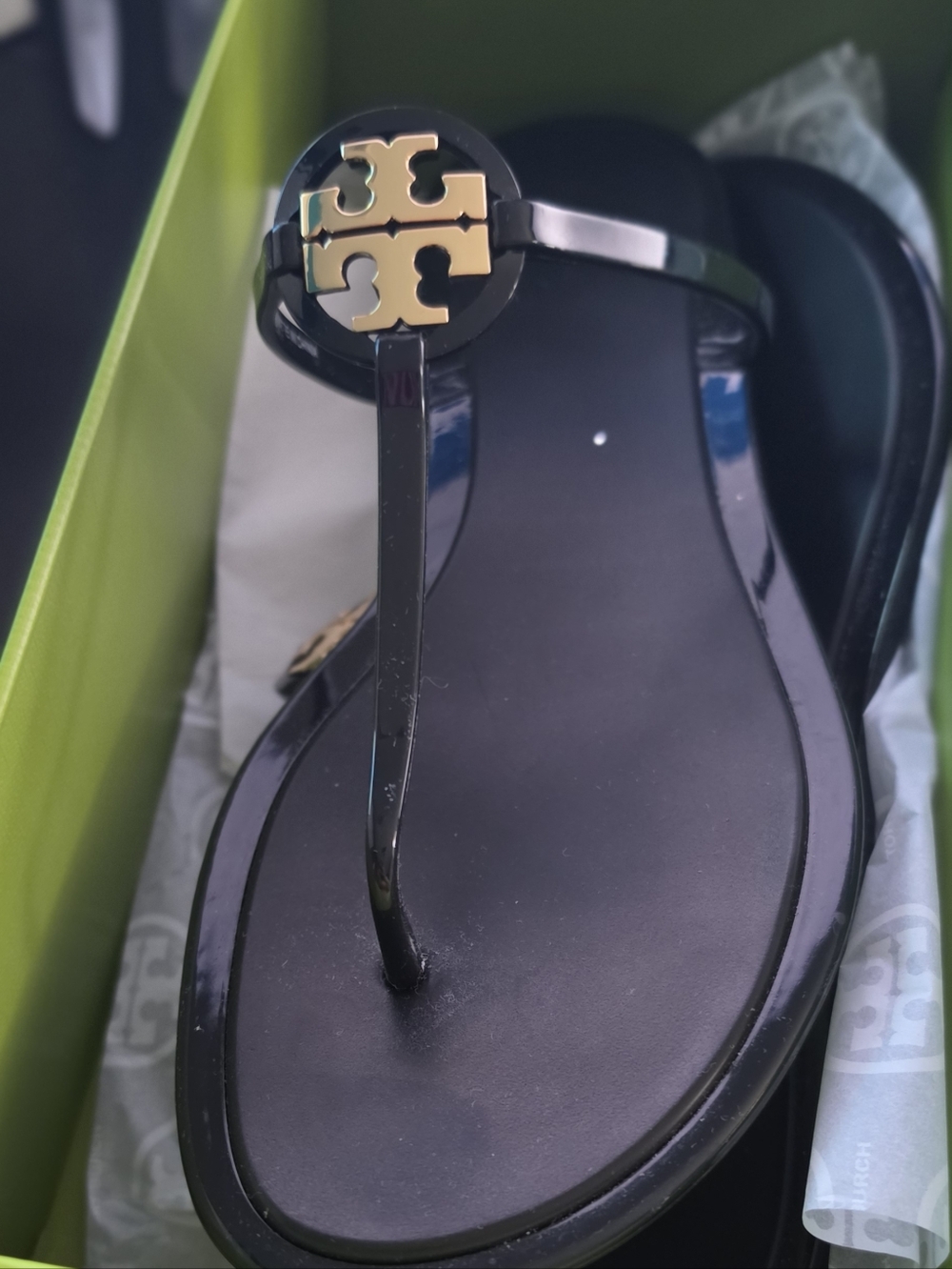 Tory Burch Black Jelly Logo Thong Sandals with Gold Emblem